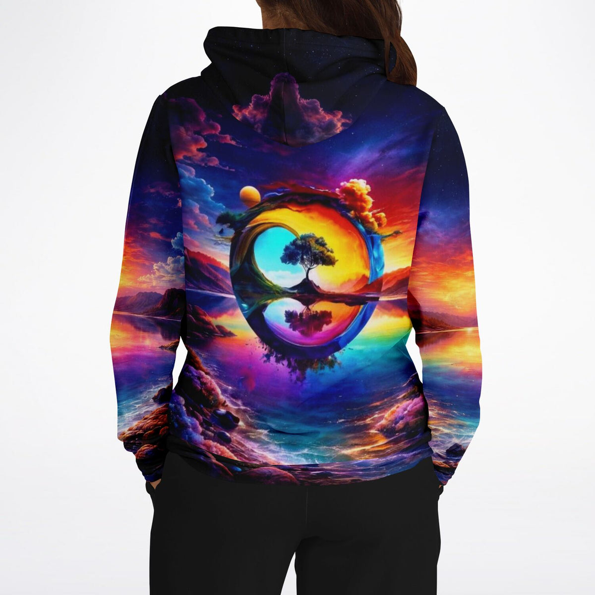 Hoodie mit buntem Fantasy-Landschaft Druck, ideal für Fans von Diamond Painting und Malen nach Zahlen Kunstwerken