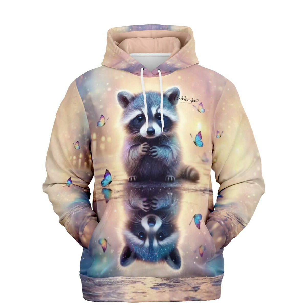 Dreamer Hoodie mit Waschbär Bubby Motiv und Schmetterlingen im Stil unserer beliebten Diamond Painting Kunstwerke.