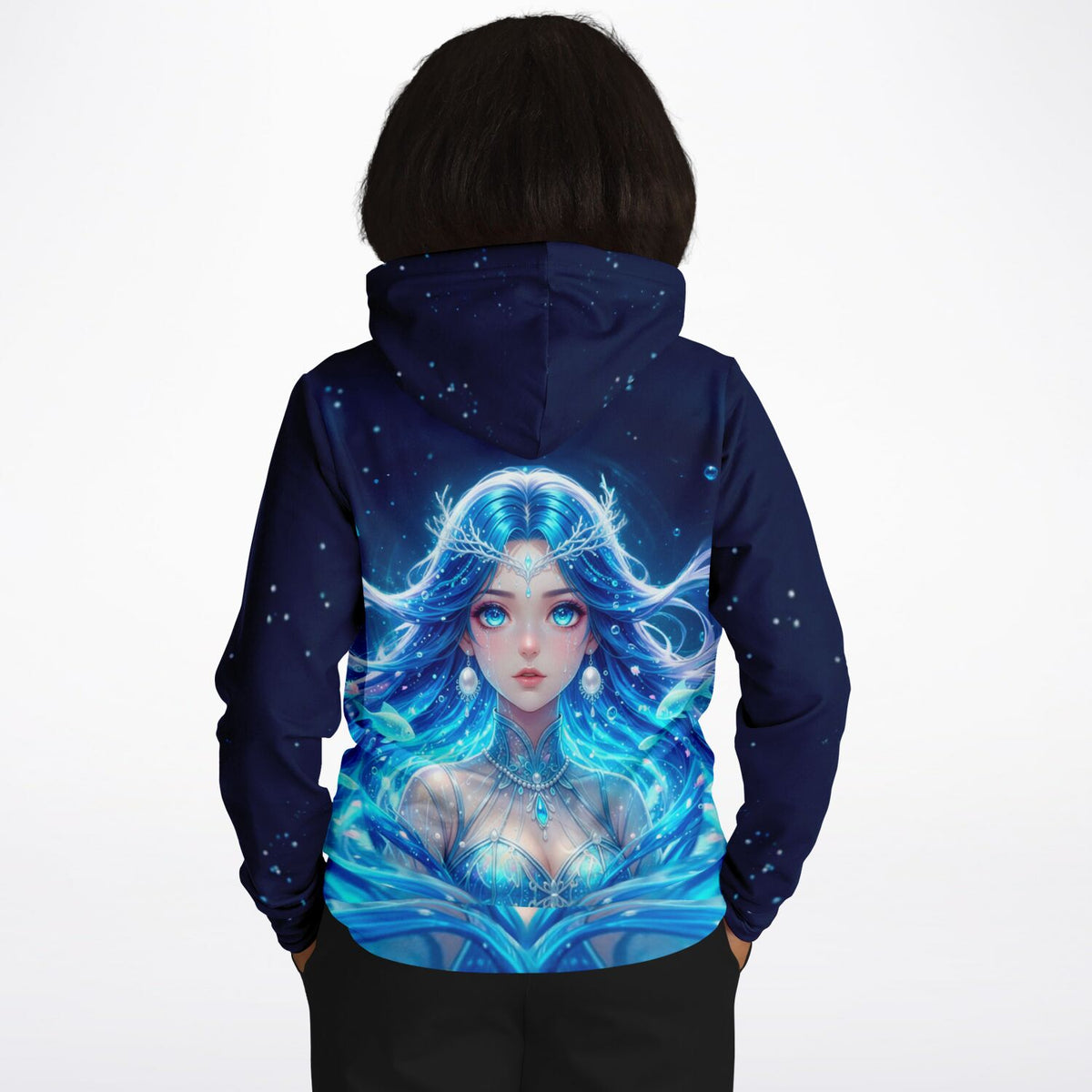 Dreamer Hoodie mit Nerelya Hüterin der Tiefe Motiv in leuchtendem Blau, ideal für Fans von Diamond Painting und Kunst