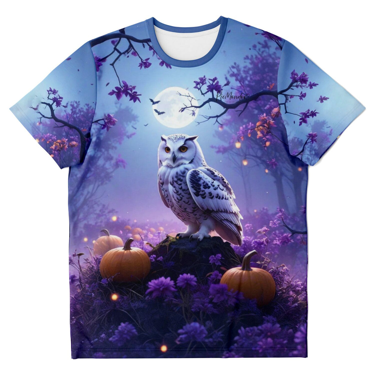 Dreamer T-Shirt Nachtwächter mit Eule, Vollmond und Kürbissen im Stil beliebter Diamond Painting Motive