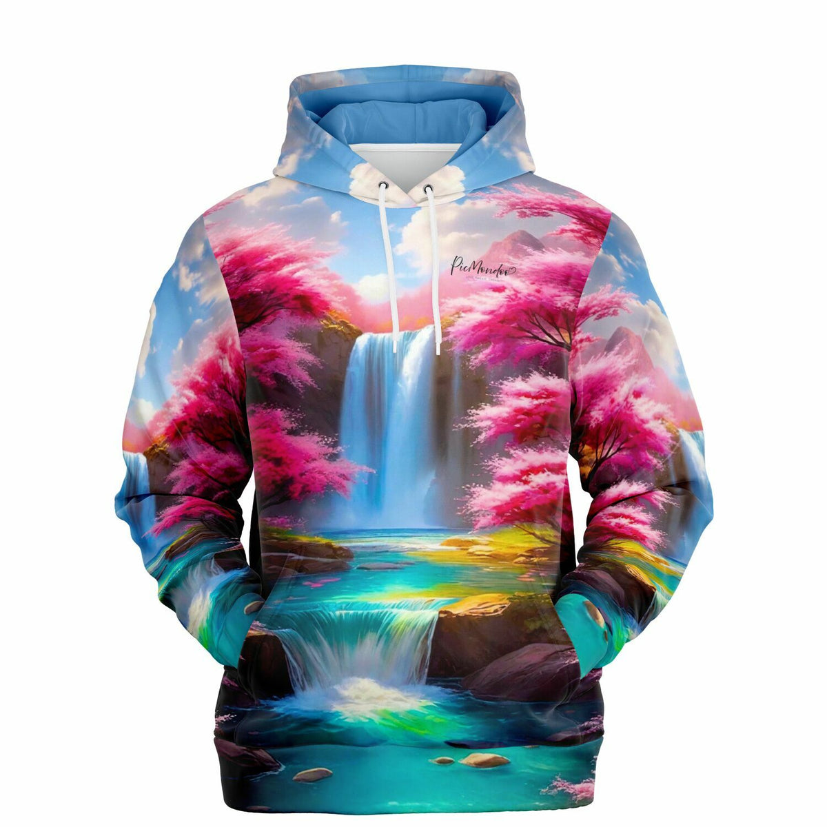 Dreamer Hoodie mit Kirschblüten und Wasserfall Motiv, inspiriert von Diamond Painting und Malen nach Zahlen Kunst