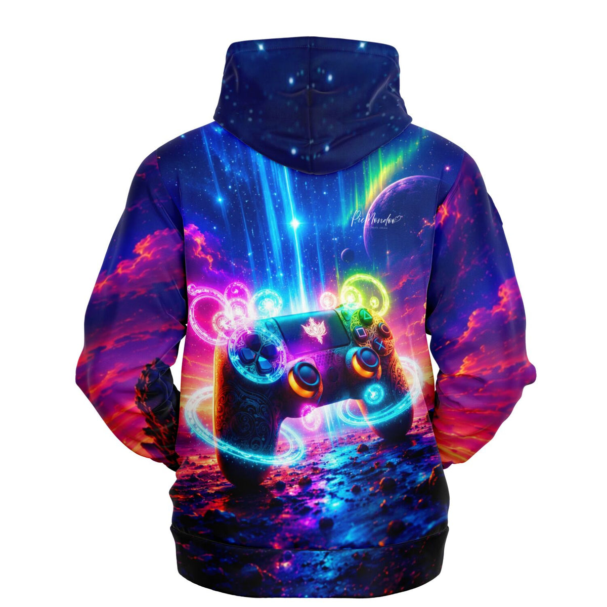 Dreamer Hoodie im Gamer Design mit leuchtendem Controller, Weltraum-Motiv und bunten Neonfarben für Gaming Fans