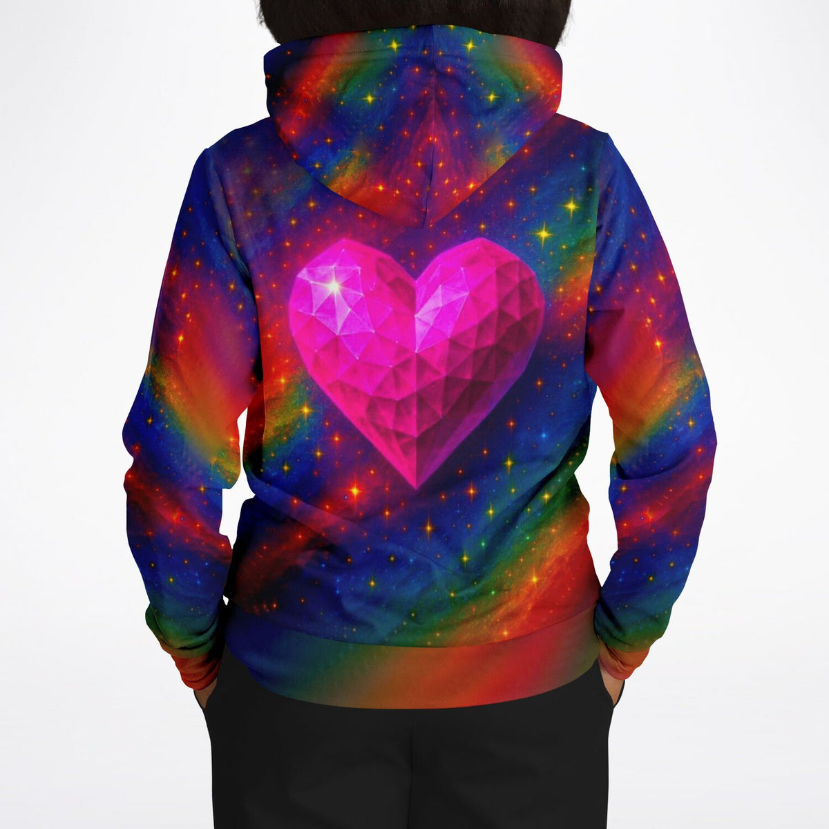 Hoodie mit pinkem Herzkristall im galaktischen Design, perfekt für Fans von Diamond Painting und kreativen Hobbys.