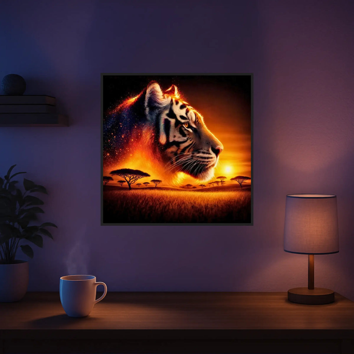 Diamond Painting Set Feuerherz mit Tiger im Sonnenuntergang auf der afrikanischen Savanne für detailreiche DIY Kunst.