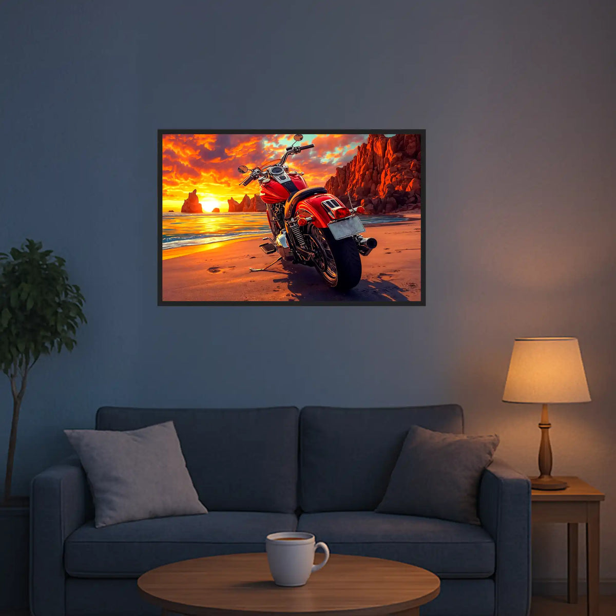 Diamond Painting Set Nächster Halt Horizont mit Motorrad am Strand bei Sonnenuntergang als moderne Wanddekoration