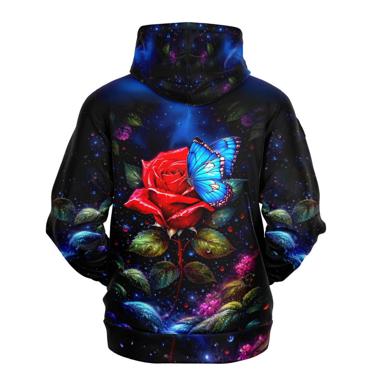Dreamer Hoodie mit Motiv rote Rose und blauem Schmetterling auf schwarzem Grund, ideal für Fans von Diamond Painting
