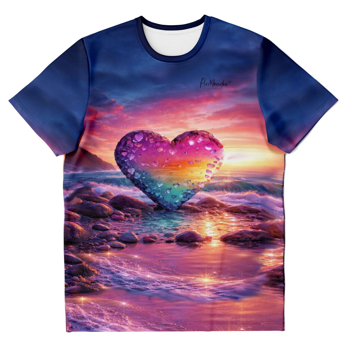 T-Shirt mit Diamond Painting Motiv: Herz aus funkelnden Kristallen am Strand bei farbenfrohem Sonnenuntergang