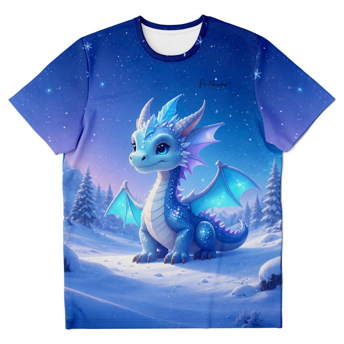 T-Shirt mit blauem Drachen-Motiv in winterlicher Nordlicht-Landschaft, inspiriert von Diamond Painting Kunst