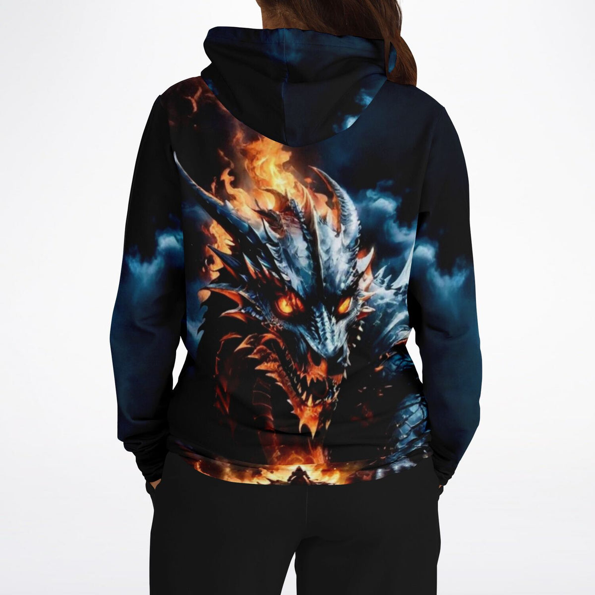 Schwarzer Hoodie mit feurigem Drachen-Motiv in hochwertigem All-Over-Print, ideal für Fans von Fantasy-Kunst