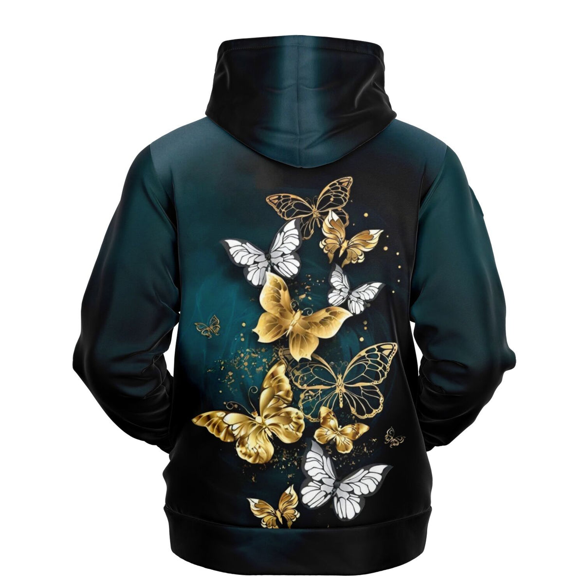 Schwarzer Premium Hoodie mit glitzerndem Design aus goldenen und weißen Schmetterlingen als All-Over-Print