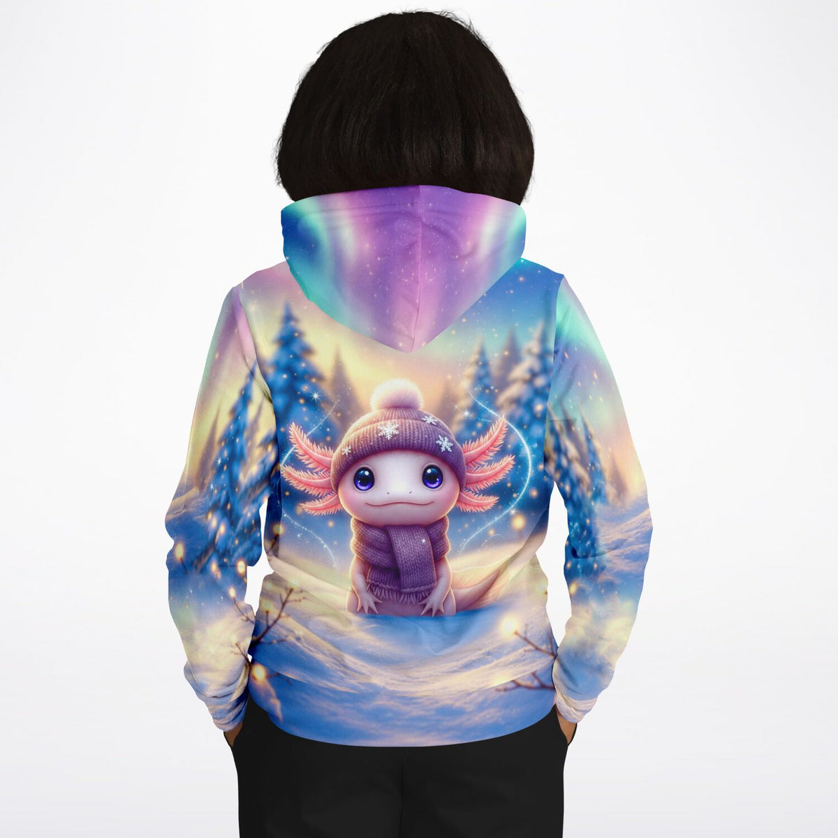 Hoodie mit süßem Axolotl im Winter-Design, passend für Fans von Diamond Painting und Malen nach Zahlen Kunstwerken.