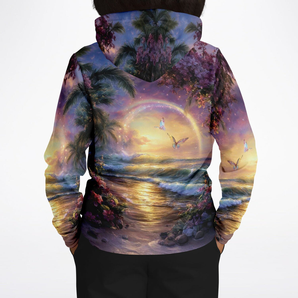 Dreamer Hoodie mit traumhaftem Strand-Motiv, Regenbogen, Palmen und Schmetterlingen im AOP-Design