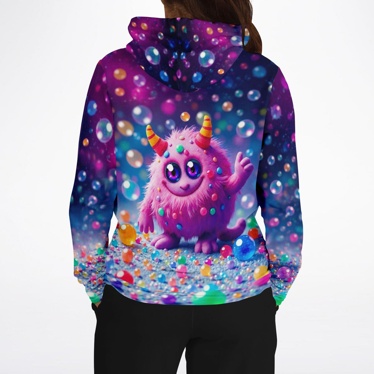 Hoodie mit buntem Monster-Motiv und Seifenblasen im Stil von Diamond Painting für Fans von Malen nach Zahlen