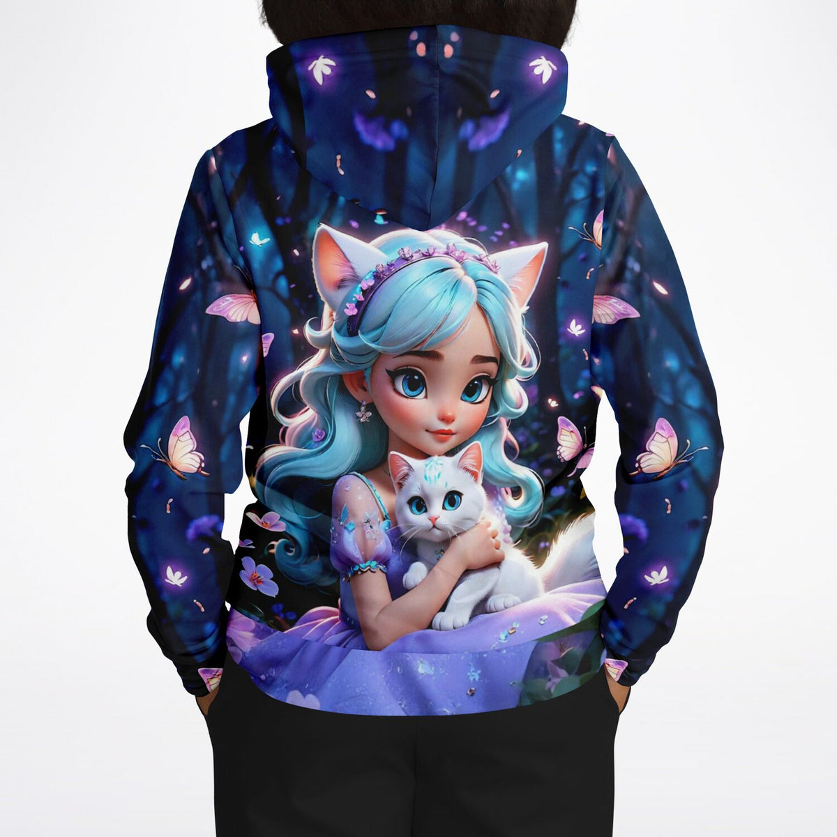 Dreamer Hoodie mit Kim Kitty Girl Motiv, anime-artiges Mädchen mit weißer Katze und Schmetterlingen auf AOP-Print
