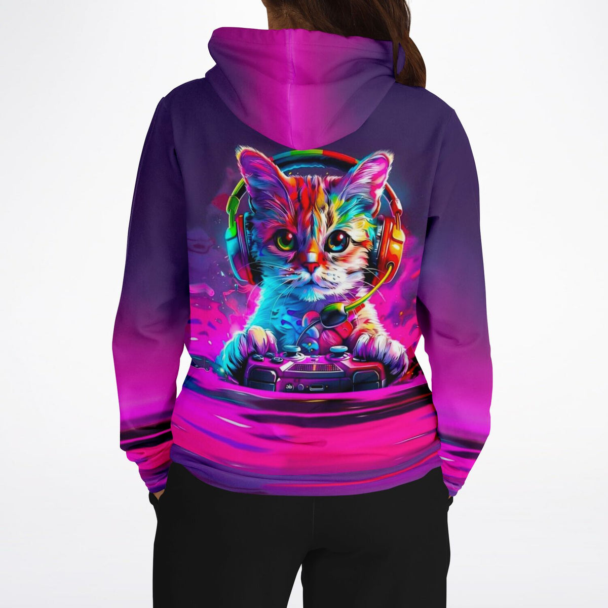 Hoodie mit buntem Gaming-Katzen Motiv, ideal als Inspiration für DIY-Diamond-Painting oder Malen nach Zahlen Projekte