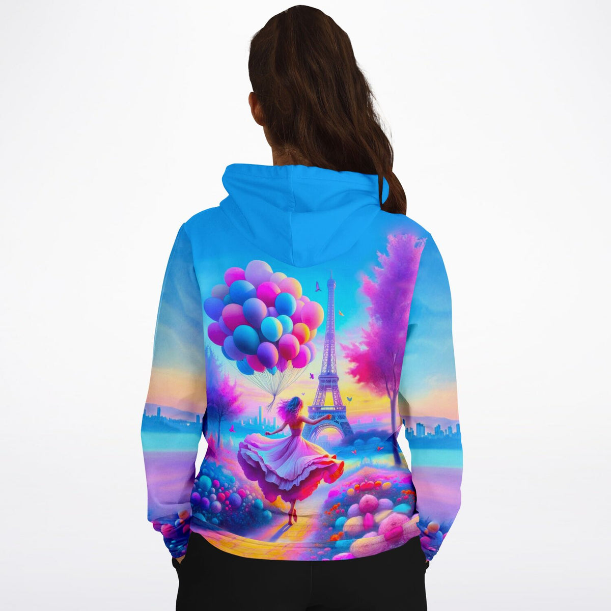 Dreamer Hoodie Verträumtes Paris Design mit Eiffelturm, bunten Luftballons und tanzender Frau im All-Over-Print