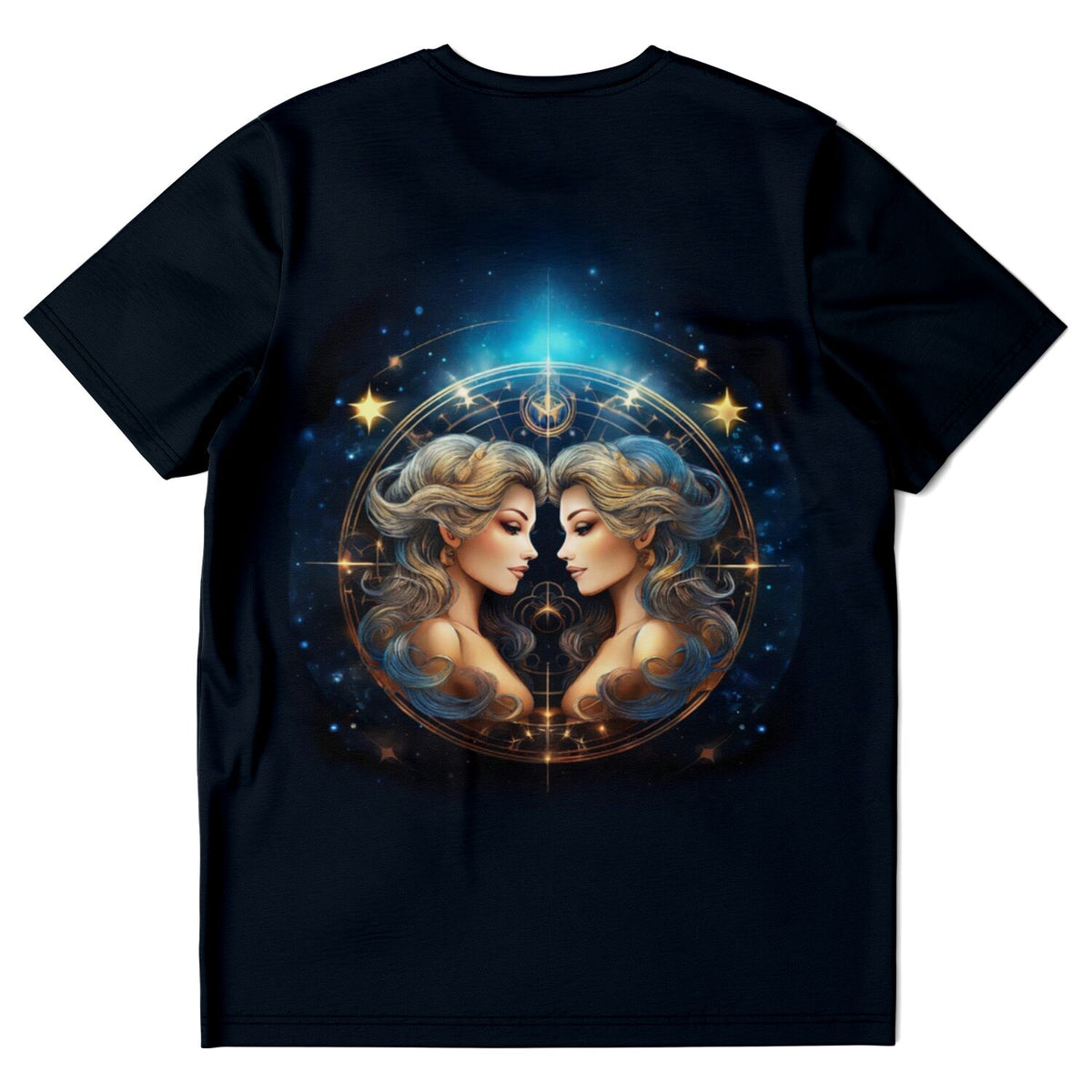 Schwarzes T-Shirt mit Sternzeichen Zwillingen Kunstwerk, ideal als Motiv für Diamond Painting oder Malen nach Zahlen.