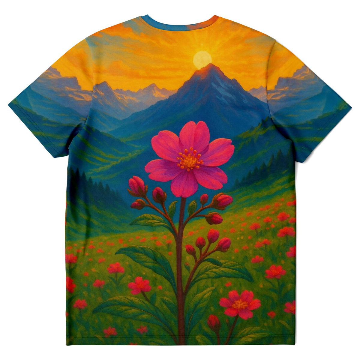 T-Shirt mit Gebirgsblume Motiv, inspiriert von Malen nach Zahlen Designs, farbenfrohe Berglandschaft bei Sonnenuntergang