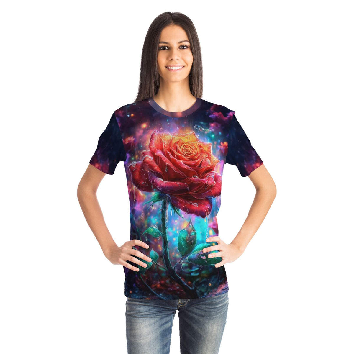 Frau trägt Design-T-Shirt mit farbenfrohem Rosen-Motiv im Stil unserer Diamond Painting und Malen nach Zahlen Kunstwerke.