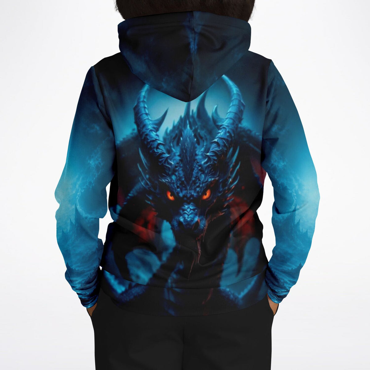 Dreamer Hoodie mit blauem Drachen-Motiv und leuchtend roten Augen, ideal für Fans von Fantasy-Kunst und kreativer Mode.
