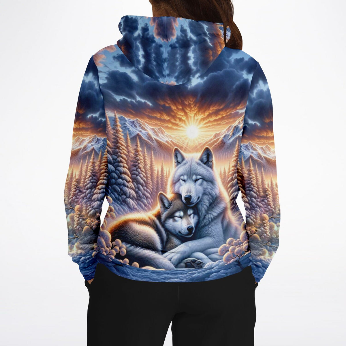 Hoodie mit Wolf-Motiv und Sonnenaufgang im Stil von Diamond Painting Kunstwerken
