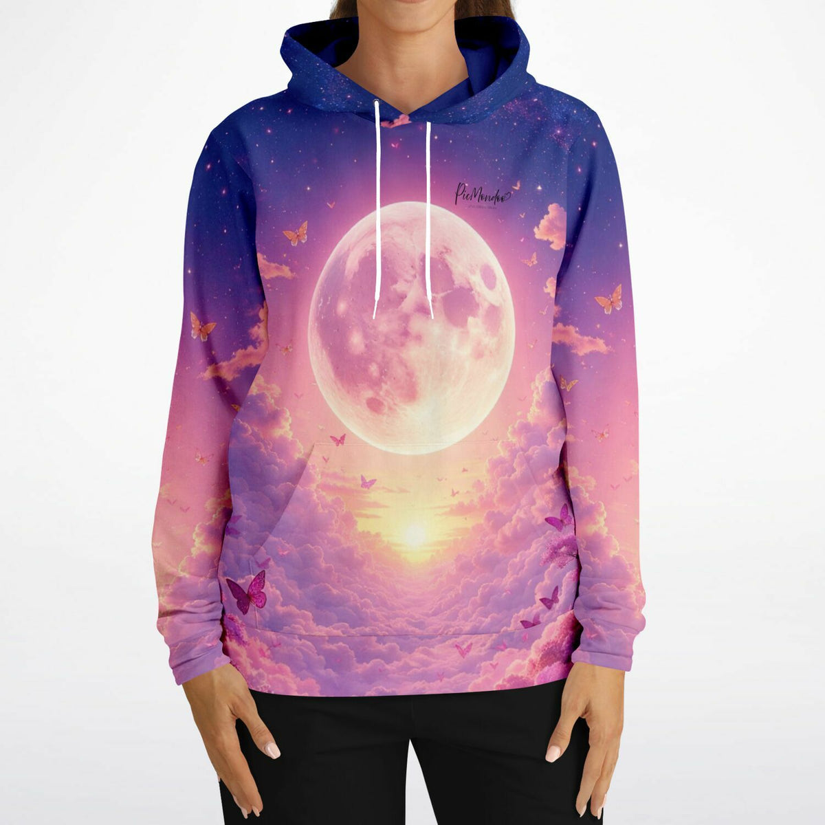 Dreamer Hoodie von Picmondoo mit Wolkenreich-Motiv aus Vollmond, rosa Wolken und Schmetterlingen für DIY-Fans