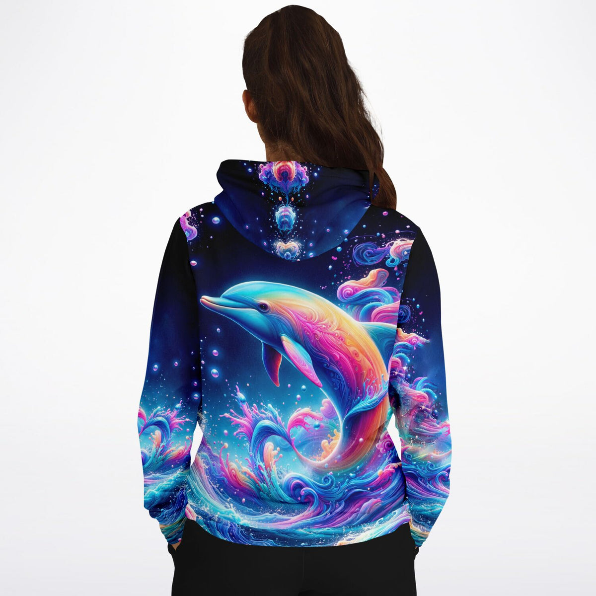 Dreamer Hoodie mit Delfin Motiv im bunten Farbenmeer, ideal für Fans von Diamond Painting und Malen nach Zahlen Kunst.