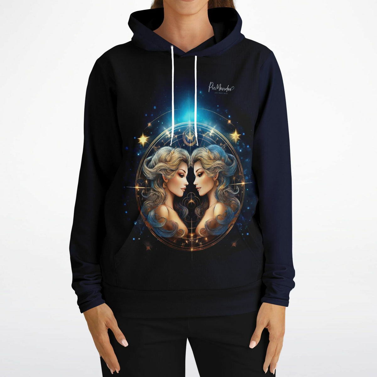 Schwarzer Picmondoo Hoodie mit Sternzeichen Zwilling Motiv im magischen Design für Fans von Diamond Painting und Kunst.