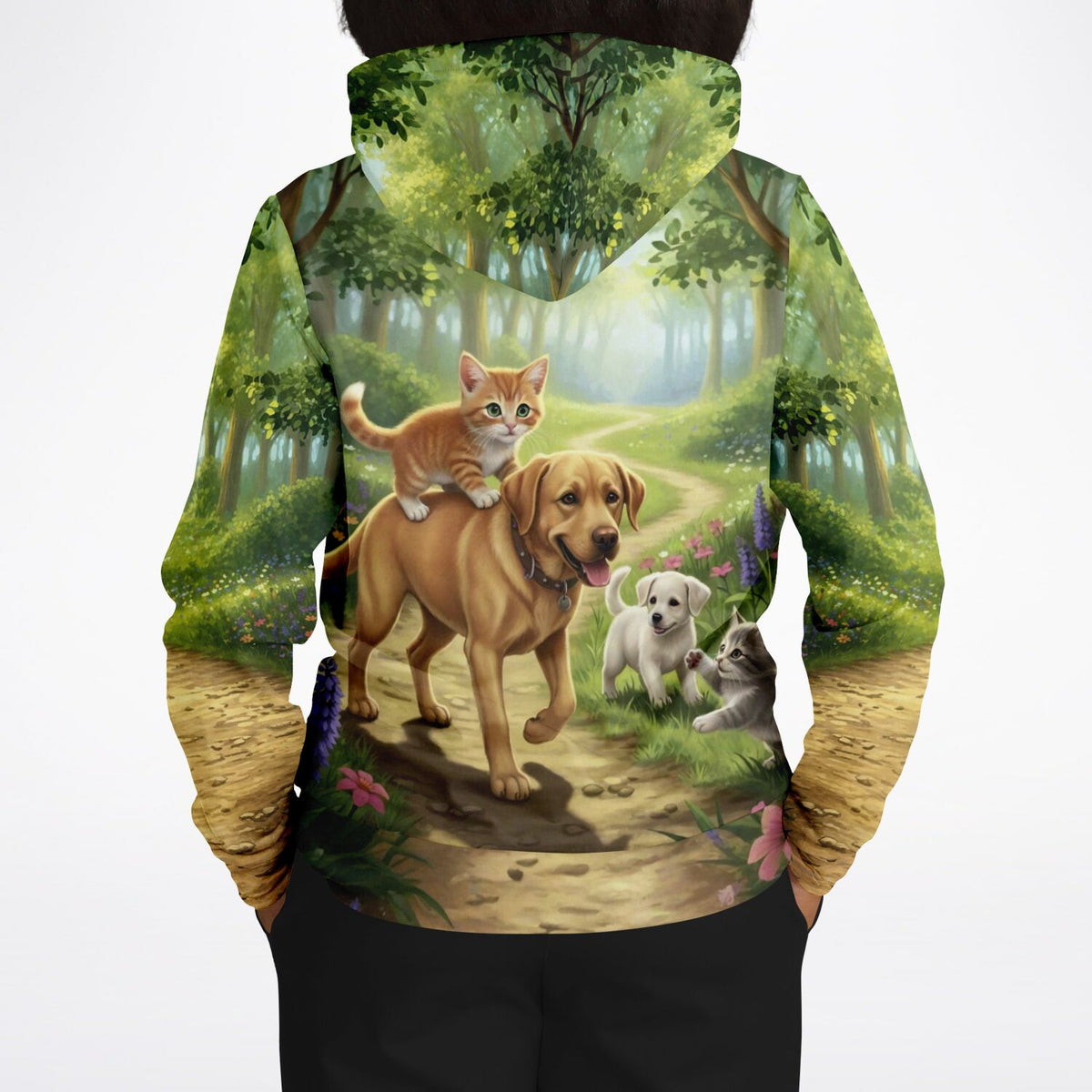 Dreamer Hoodie mit Waldspaziergang-Motiv: Hund und Kätzchen, ideal für Fans von Malen nach Zahlen und Diamond Painting