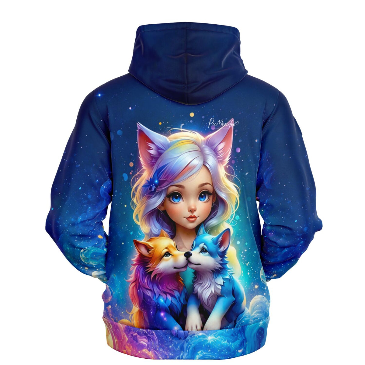 Dreamer Hoodie mit Wolfsmädchen Finja Motiv in leuchtendem Galaxy-Design für Diamond Painting und Bastelfans