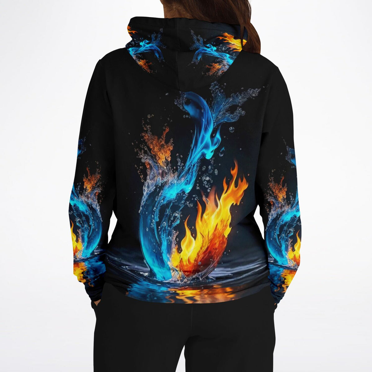 Schwarzer Dreamer Hoodie mit Feuer-und-Wasser-Design wie bei einem kunstvollen Diamond Painting für Erwachsene