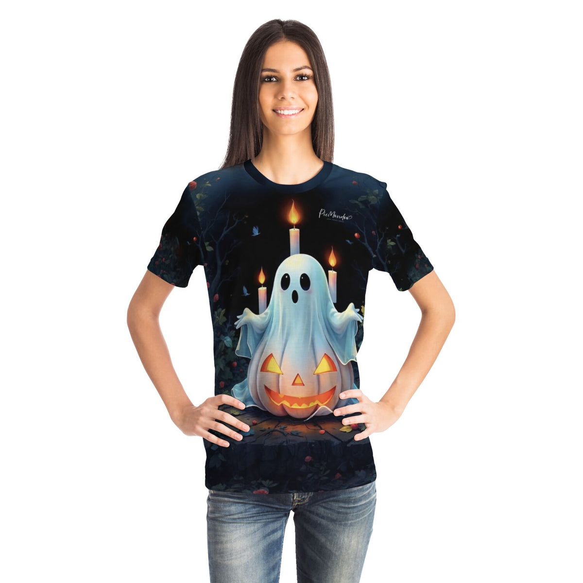 Frau trägt Halloween T-Shirt mit Geister- und Kürbis-Motiv im Stil von Diamond Painting Kunstwerken