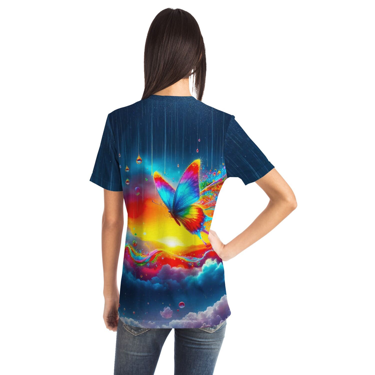 T-Shirt für DIY-Fans mit buntem Schmetterling im Regenbogenfluss, inspiriert von Diamond Painting und Malen nach Zahlen