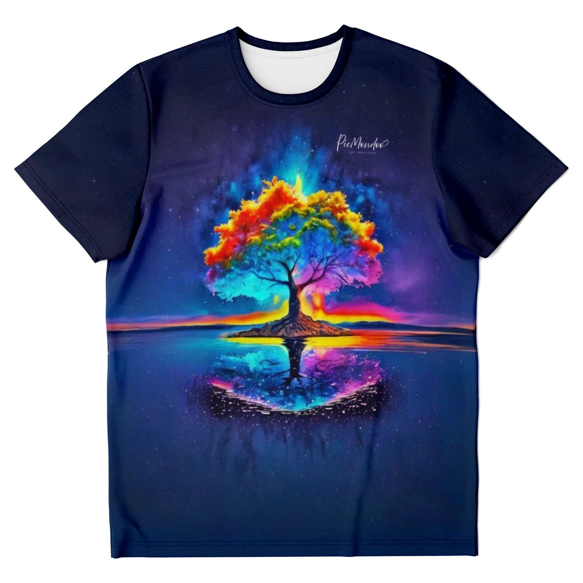 T-Shirt mit buntem Regenbogen-Baum Motiv im Stil eines Diamond Painting Kunstwerks auf dunklem Nachthimmel