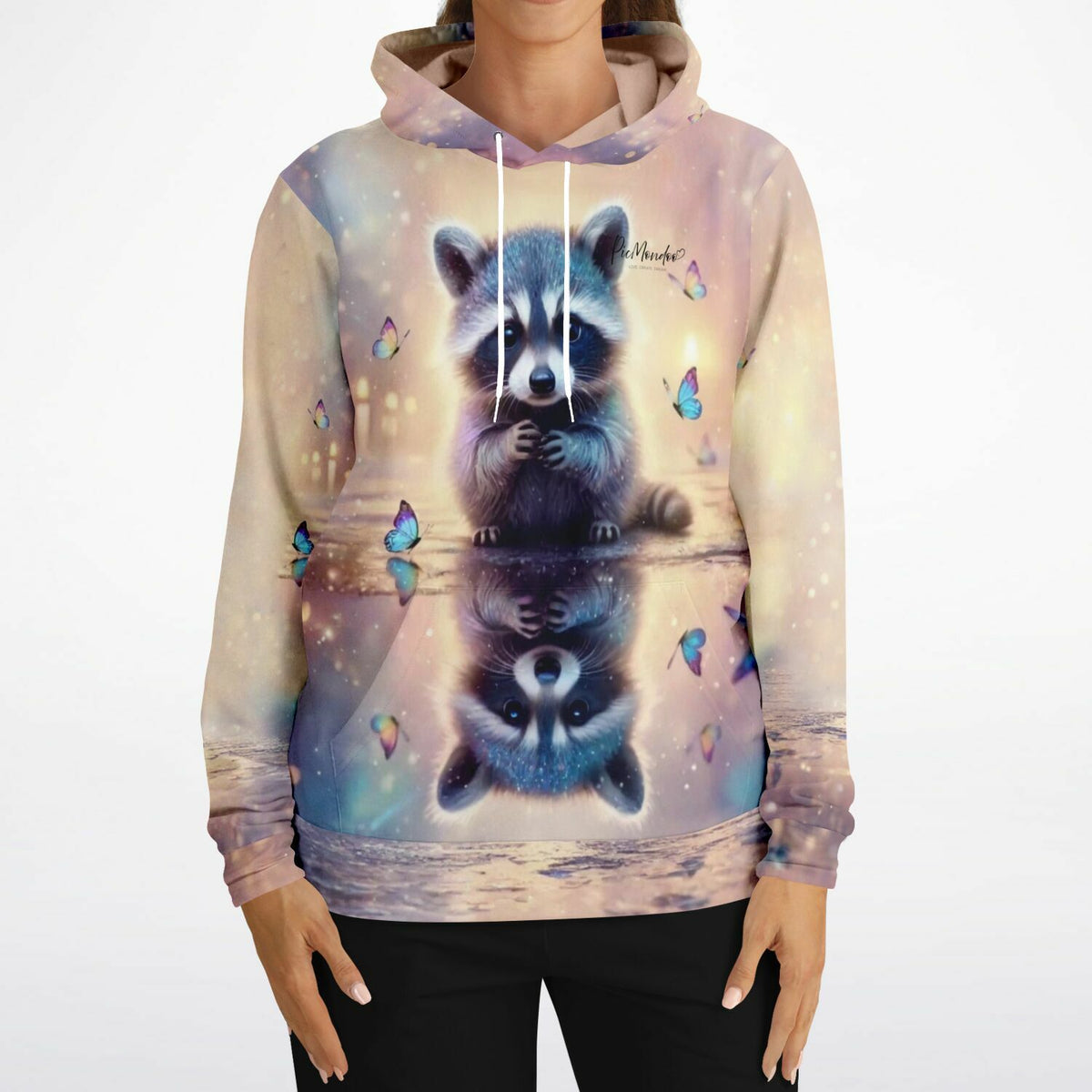 Dreamer Hoodie mit Waschbär-Motiv und Schmetterlingen im Design beliebter Diamond Painting Kunstwerke von Picmondoo