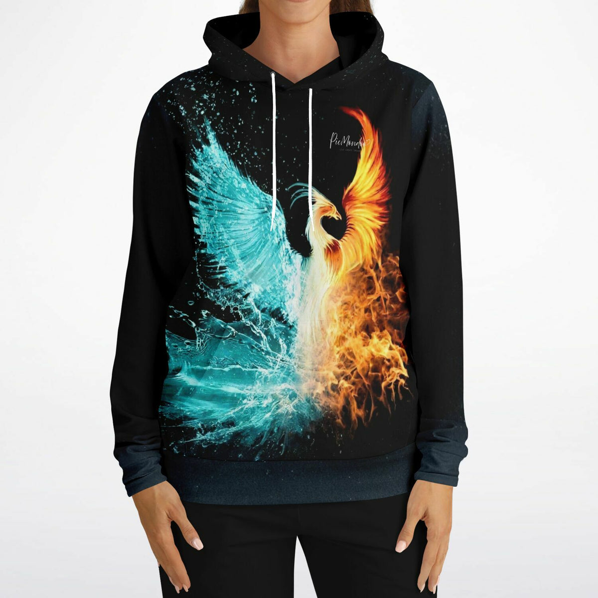 Schwarzer Dreamer Hoodie mit Phönix aus Feuer und Wasser Elementen, passend zum künstlerischen picmundoo.comsign-Stil.