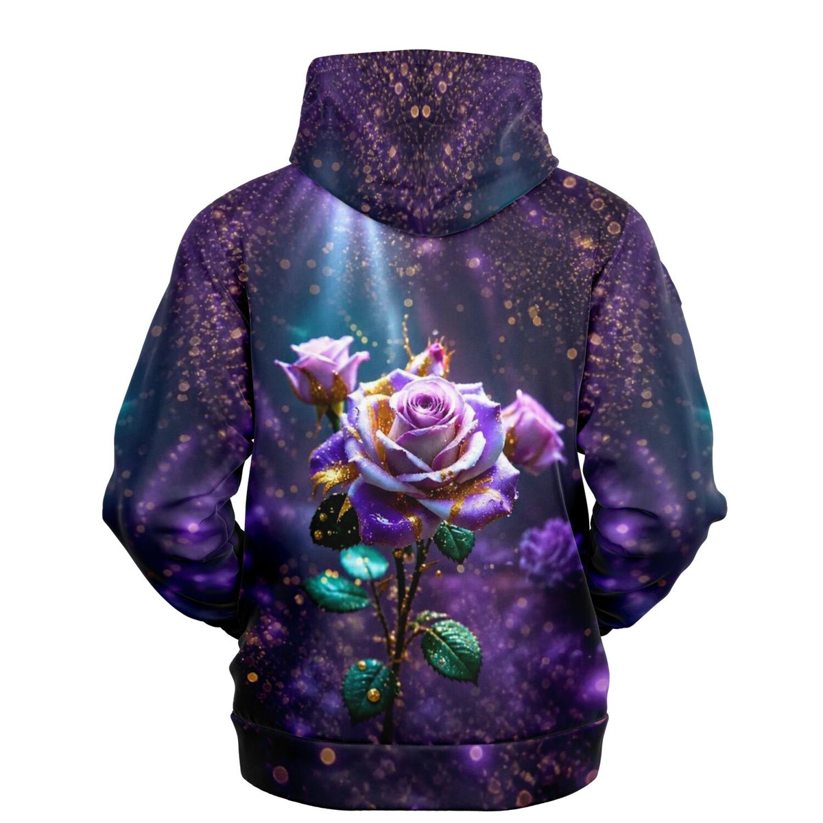 Dreamer Hoodie Amethystrose mit leuchtendem Rosen-Motiv in Diamond Painting Optik auf dunkelviolettem Hintergrund
