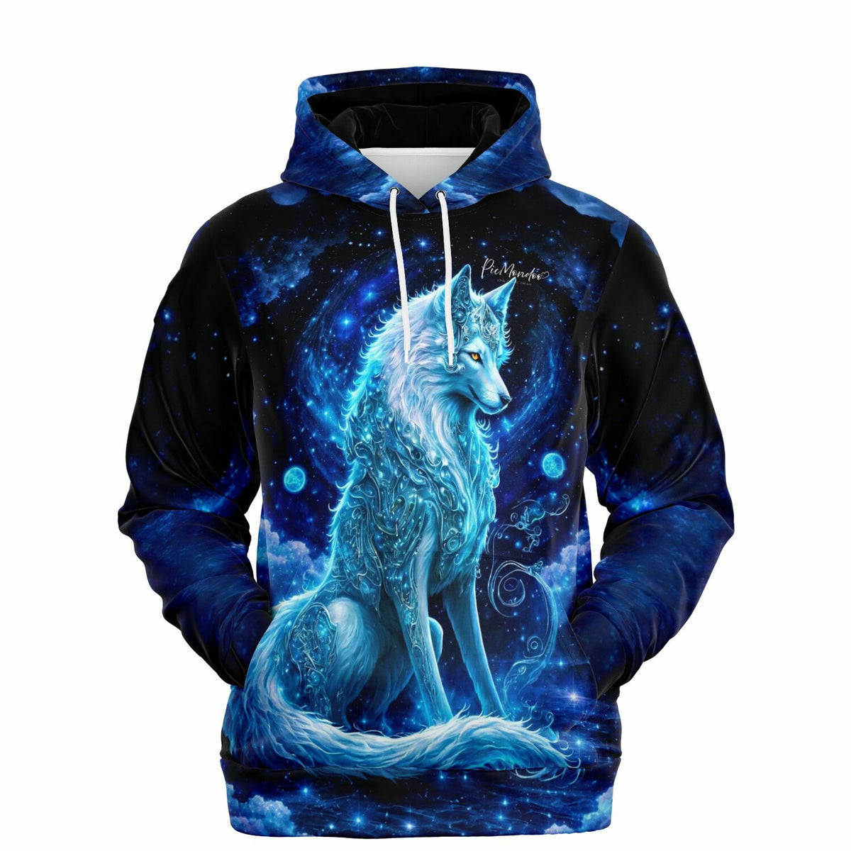 Dreamer Hoodie im blauen Wolf-Design, inspiriert von Diamond Painting Motiven mit mystischen Galaxie-Elementen.