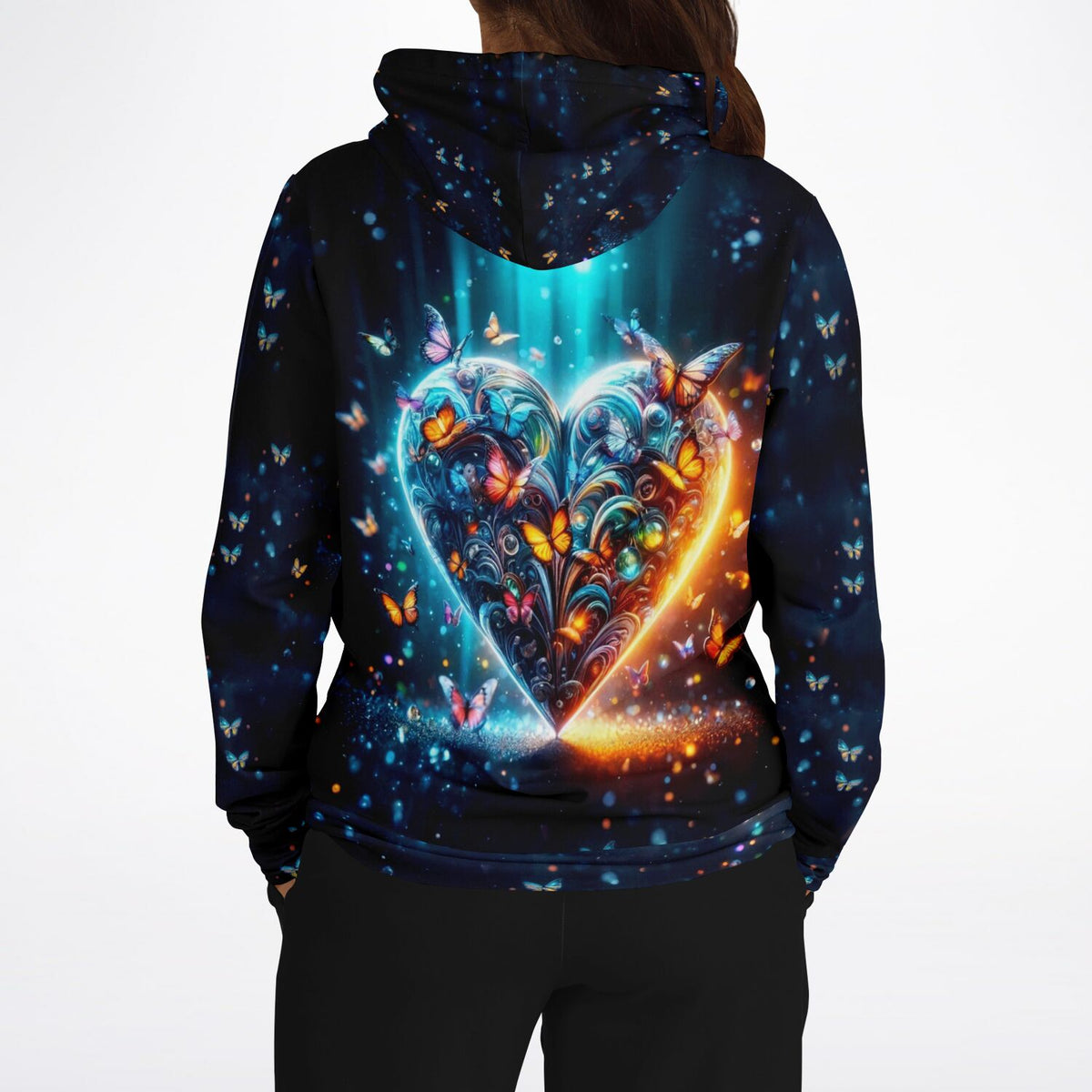 Schwarzer Hoodie mit leuchtendem Schmetterlingsherz-Motiv im Stil von Diamond Painting Kunstwerken