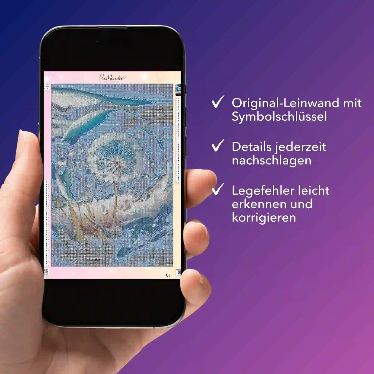 Digitale Diamond Painting Bildmappe als PDF auf Smartphone mit Motiv Pusteblume Eiskristall für einfaches Basteln