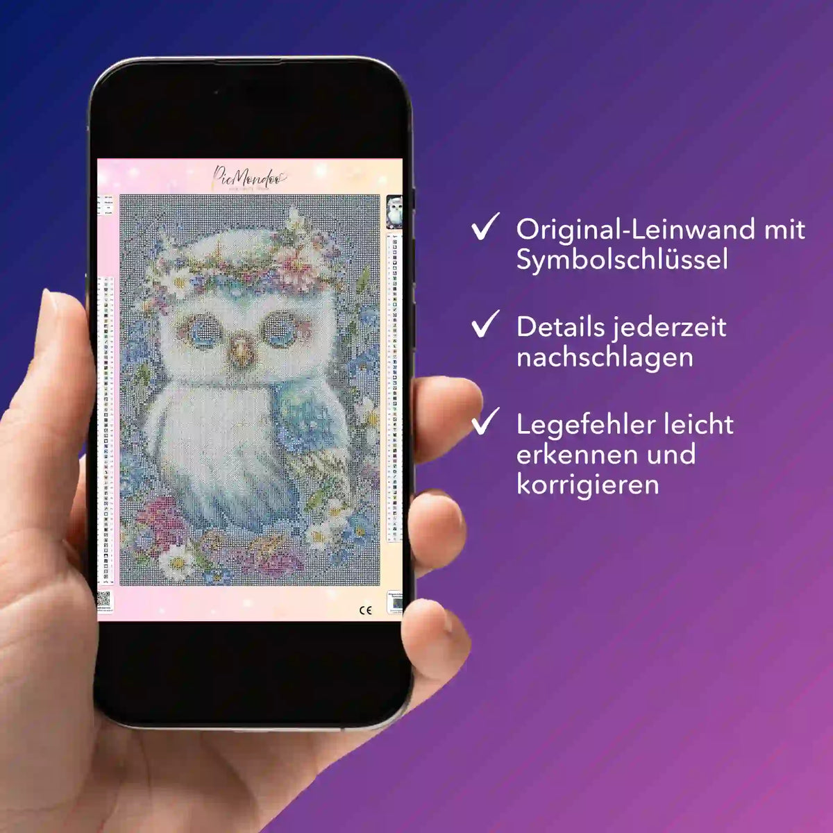 Digitale Diamond Painting Bildmappe als Eule im Blumenmeer auf Smartphone mit Leinwanddetails und Symbolschlüssel