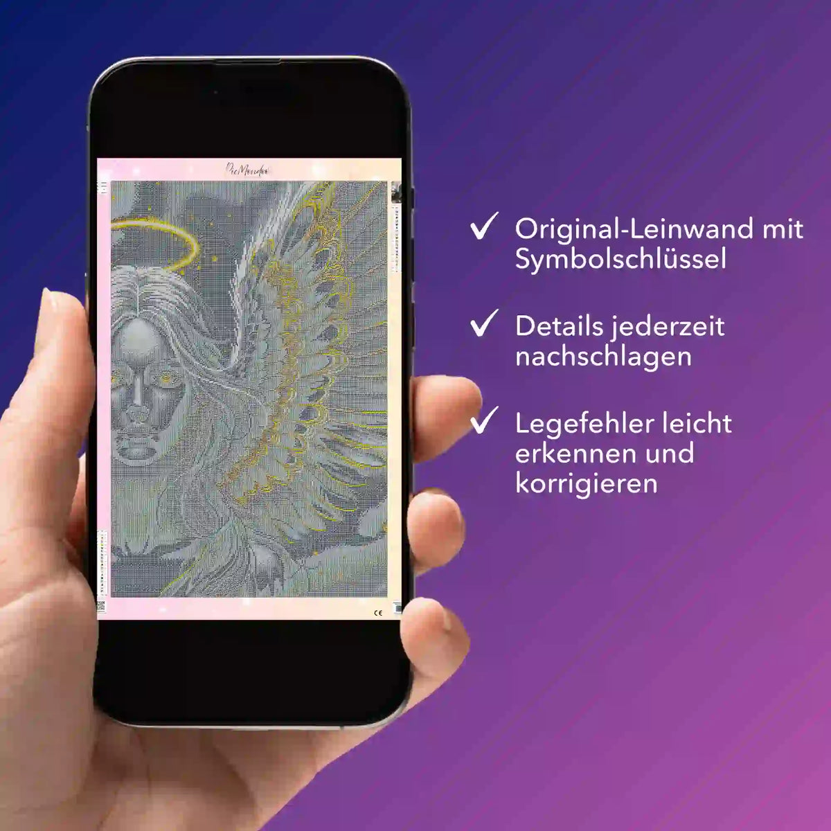 Digitale Diamond Painting Bildmappe als PDF für das Motiv Golden Angel auf dem Smartphone zur Kontrolle der Leinwand.