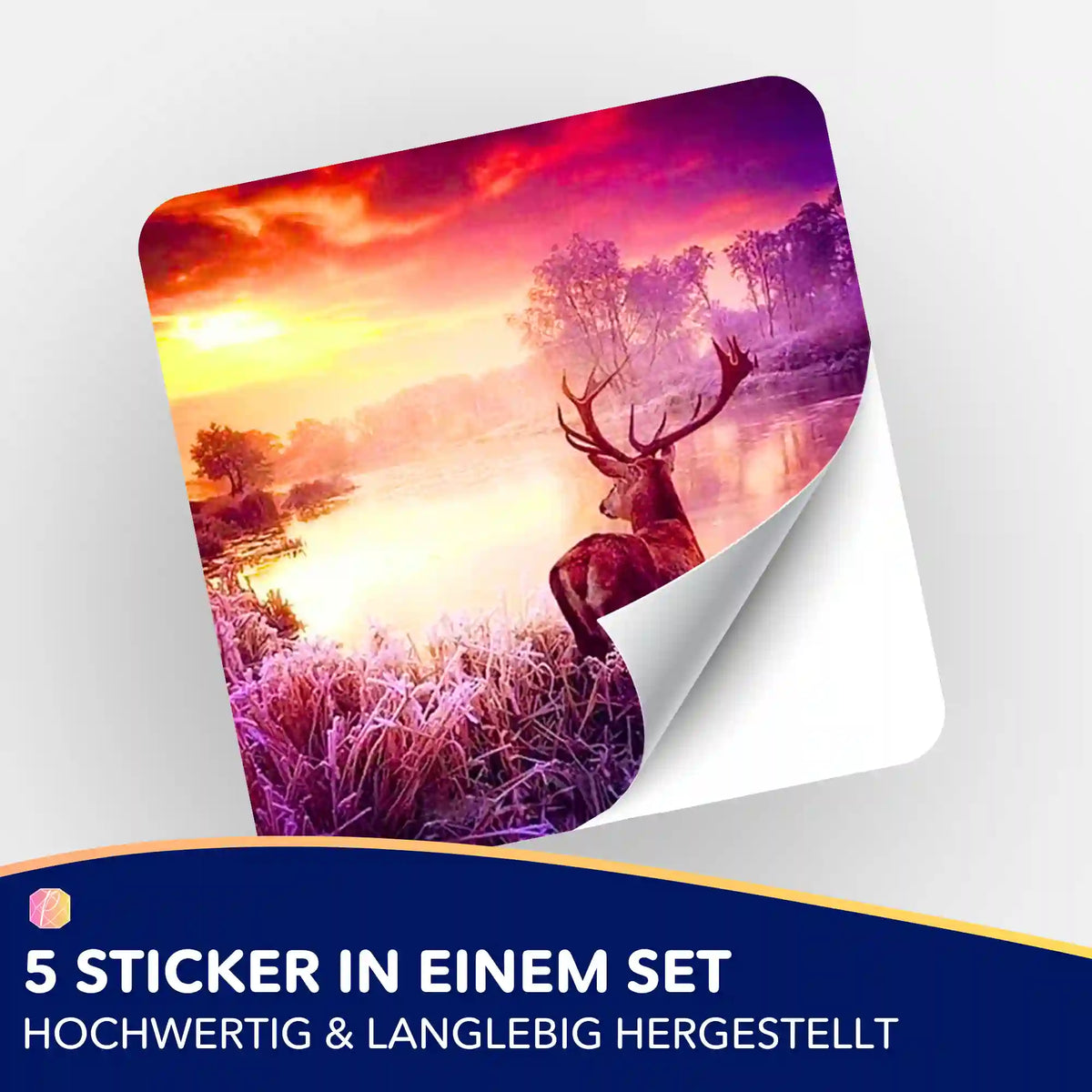 5er-Set Aufkleber mit Hirsch bei Sonnenaufgang zur Organisation von Diamond Painting und Malen nach Zahlen Projekten