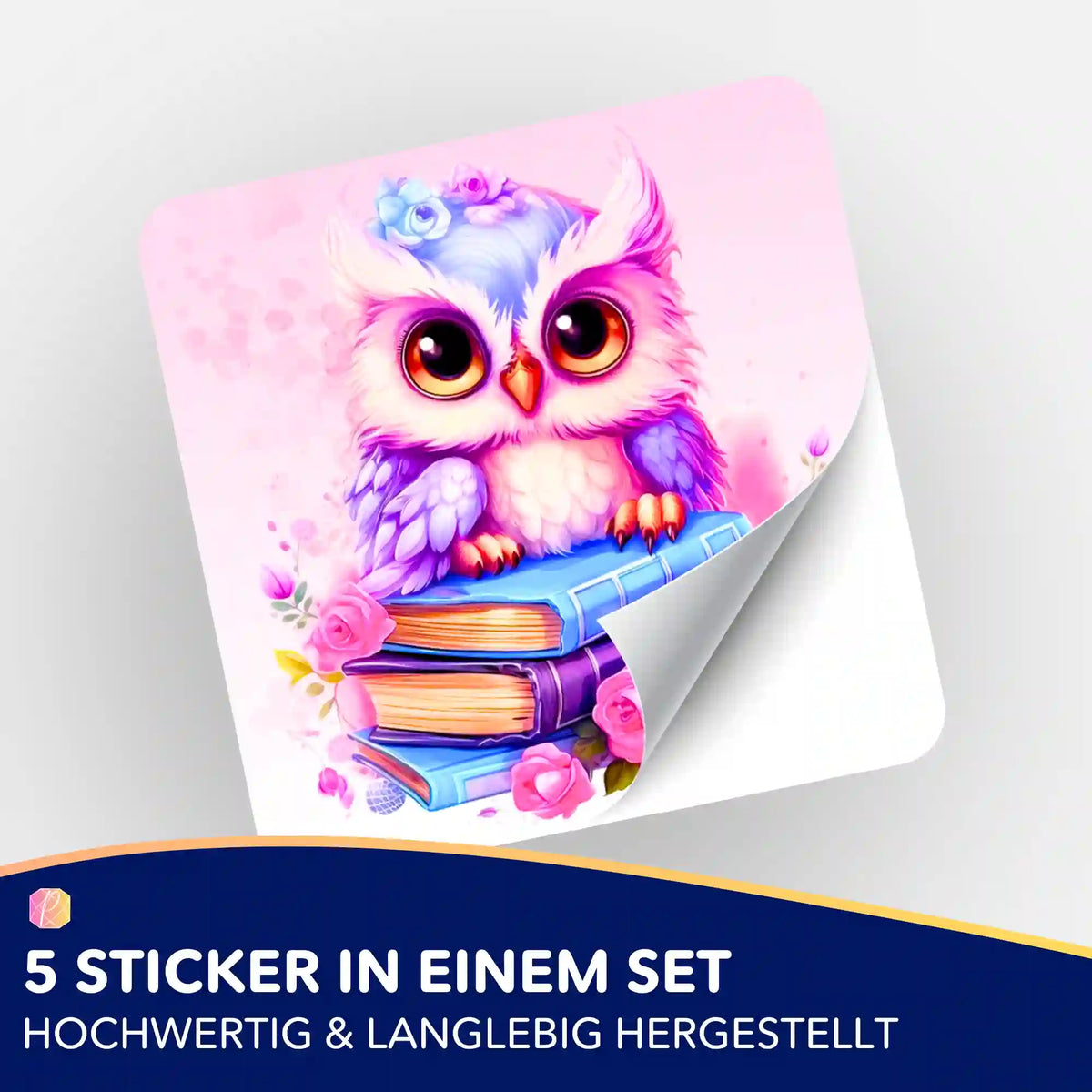 Büchereule Sticker für Diamond Painting Zubehör – 5er Set mit niedlichem Eulen-Motiv auf Büchern in Rosa-Tönen