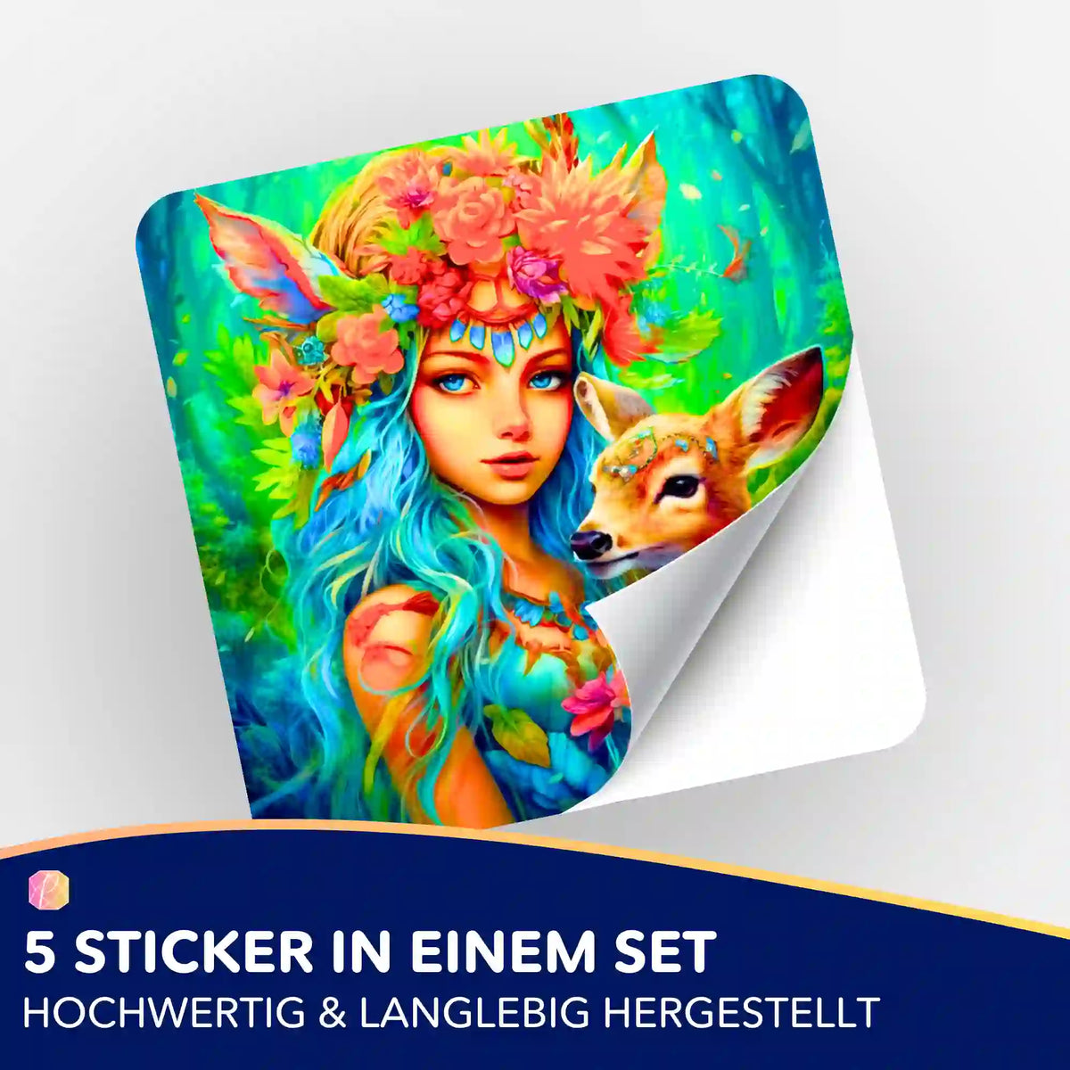 Picmondoo 5er Sticker-Set Waldmädchen für Diamond Painting Fans mit farbenfrohem Fantasy-Motiv und Rehkitz