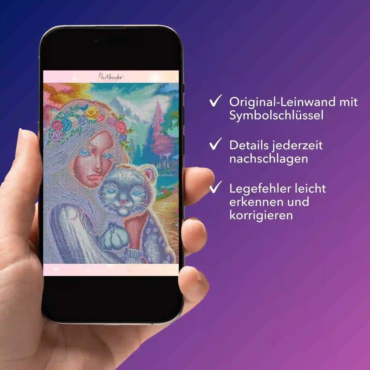 Digitale Bildmappe für Diamond Painting Design Amira´s Paradies auf Smartphone-Display mit Symbolschlüssel-Anzeige