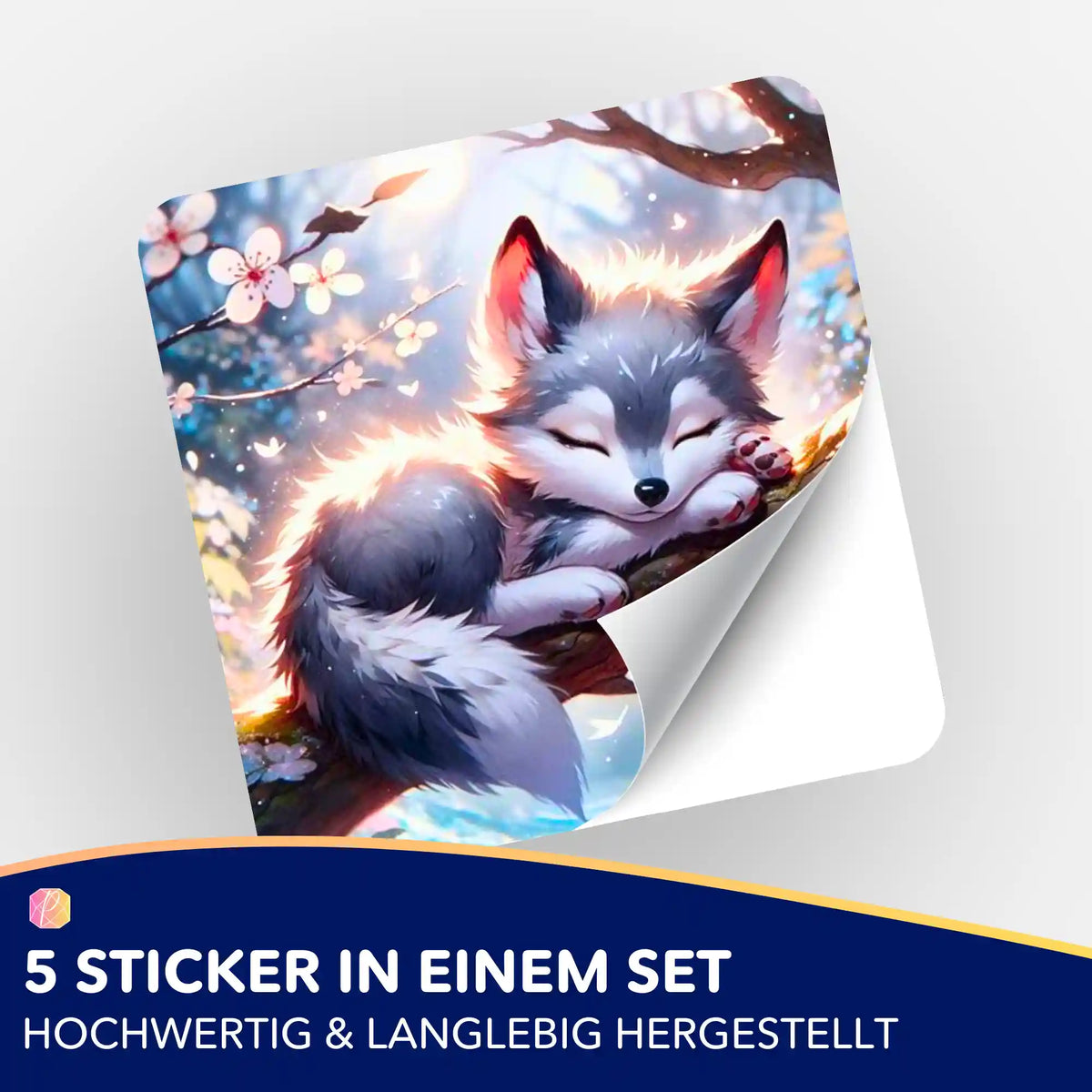 5er-Set Sticker Yukis Frühling für Diamond Painting Organisation mit schlafendem Fuchs-Motiv in Kirschblüten-Optik
