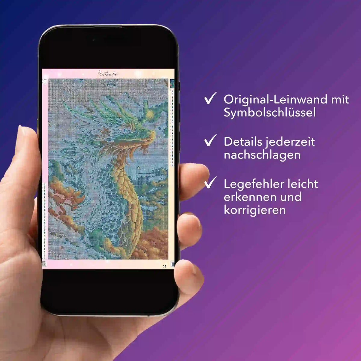 Digitale Diamond Painting Bildmappe Himmelsdrache Saphira auf Smartphone zur Kontrolle von Vorlage und Symbolen