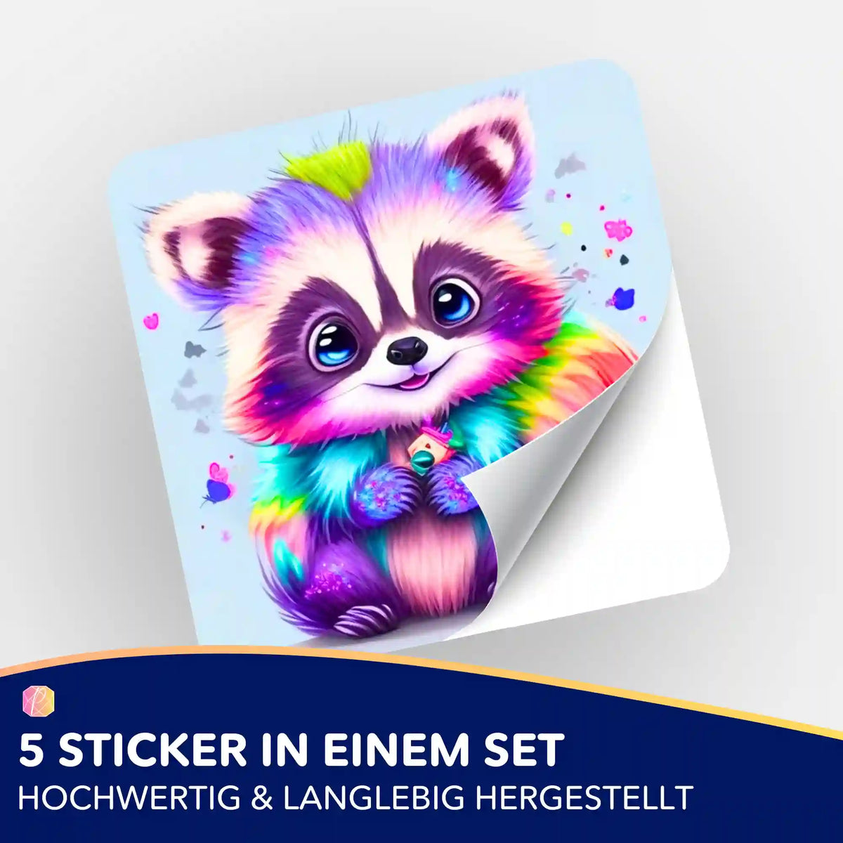 Bunter Waschbär Sticker 5er-Set für Diamond Painting Fans zur Organisation von Diamanten Painting Zubehör