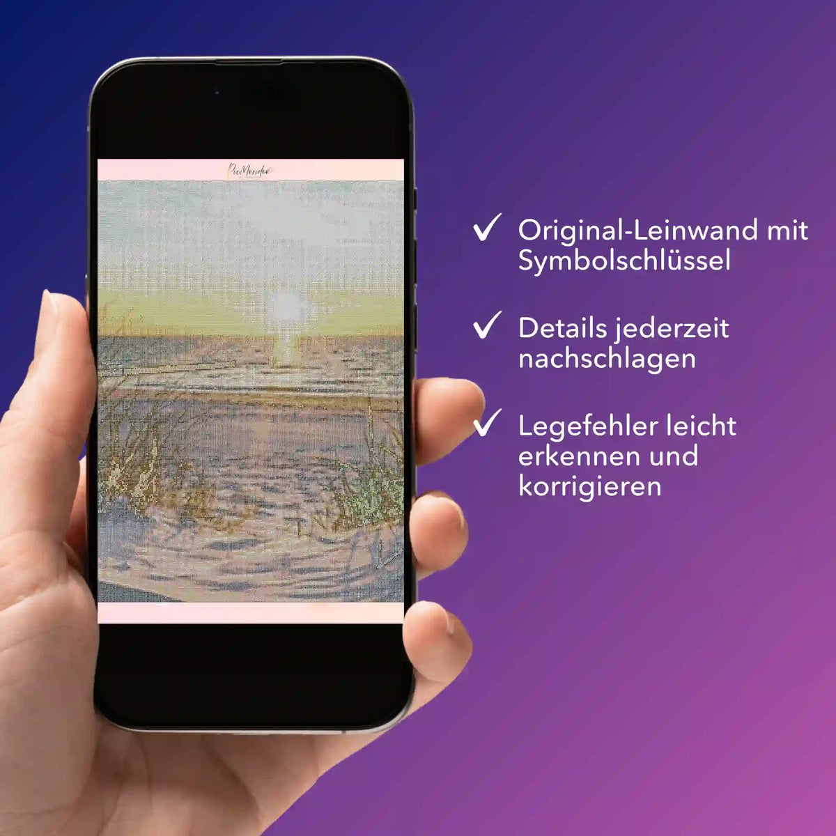 Digitale Diamond Painting Bildmappe als PDF auf Smartphone für das Motiv Entspannung im Sonnenuntergang